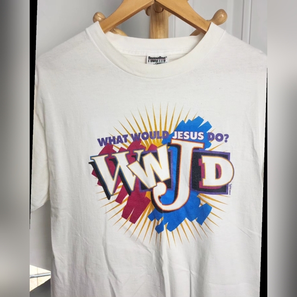 Vintage WWJD Jesus Religious Oneita Tag 1996 Size L* White Graphic Tshirt - Picture 1 of 7